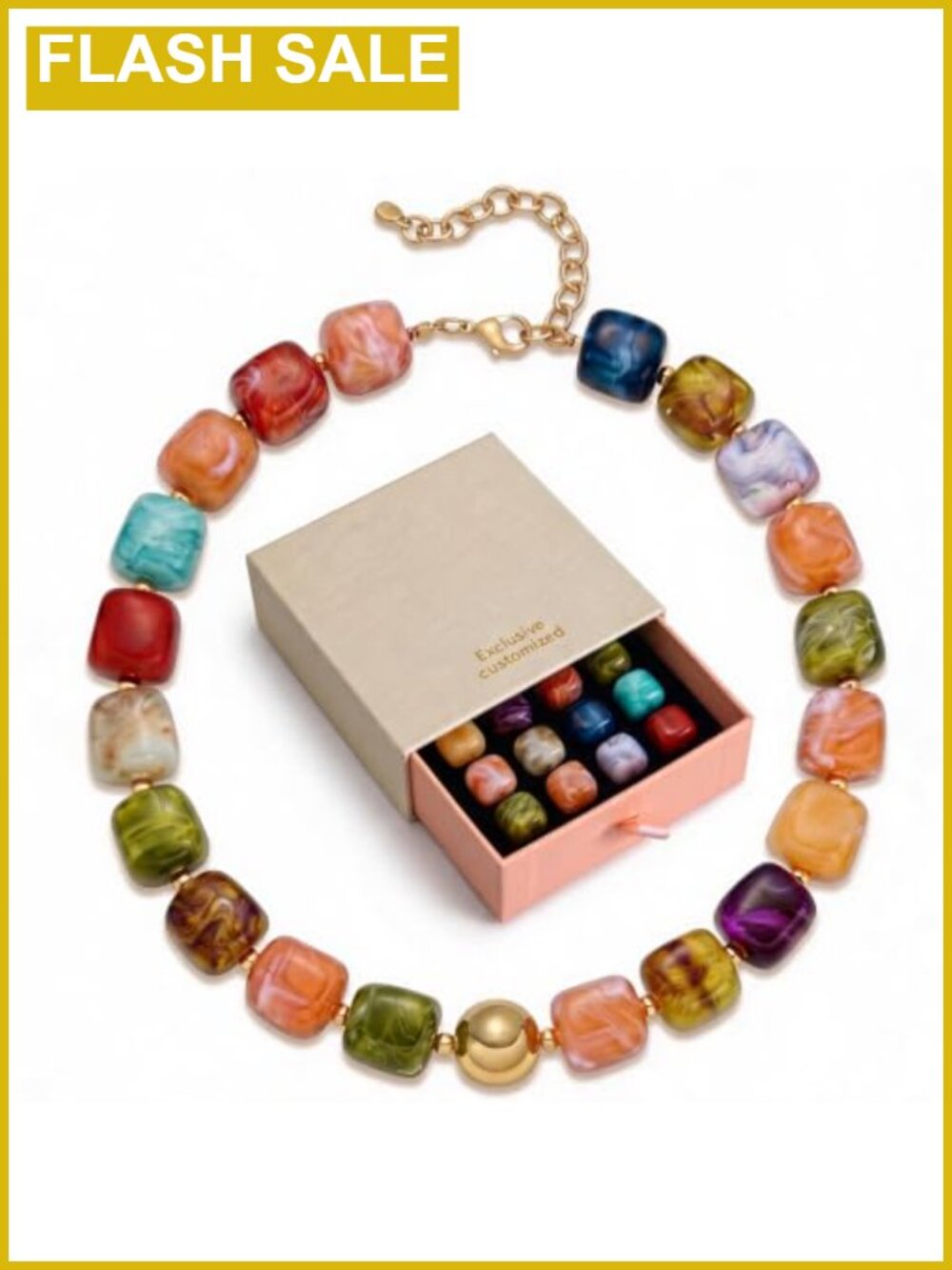Chunky Resin Beaded Choker Necklace Square Beads Boho Statement